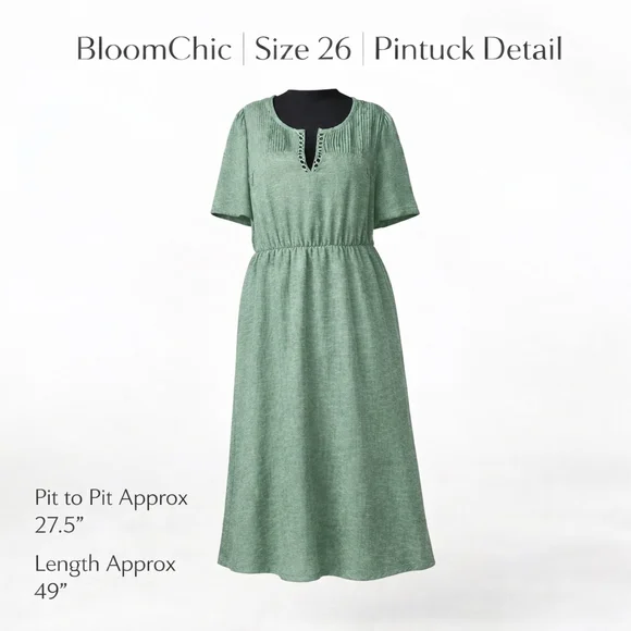 BloomChic Size 26 Sage Green Midi Dress Pintuck V-Neck Plus Size Spring - Picture 2 of 7
